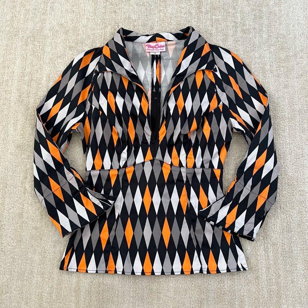 Pinup Couture Lauren Harlequin Blouse Top M Cotton